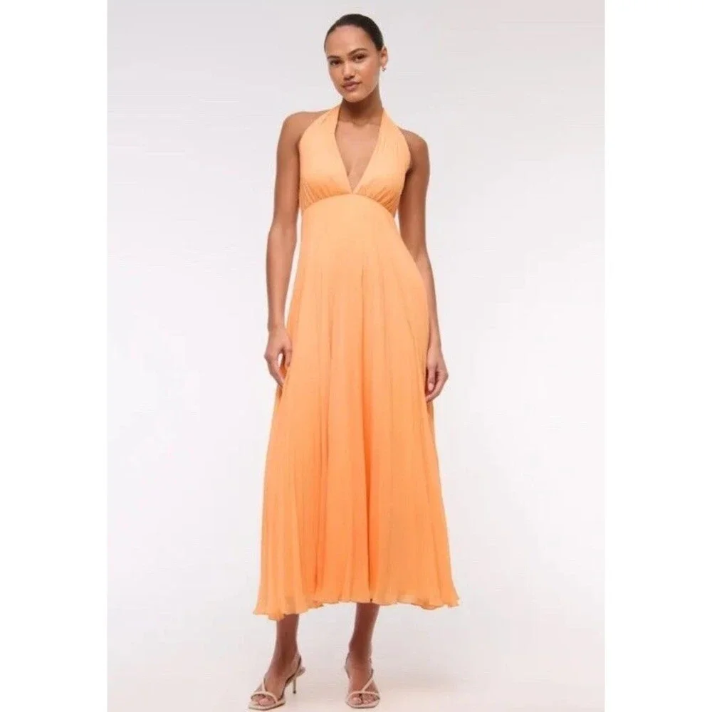 NWT Abercrombie & Fitch Giselle Halter Maxi Dress XS Peach Pleated Formal